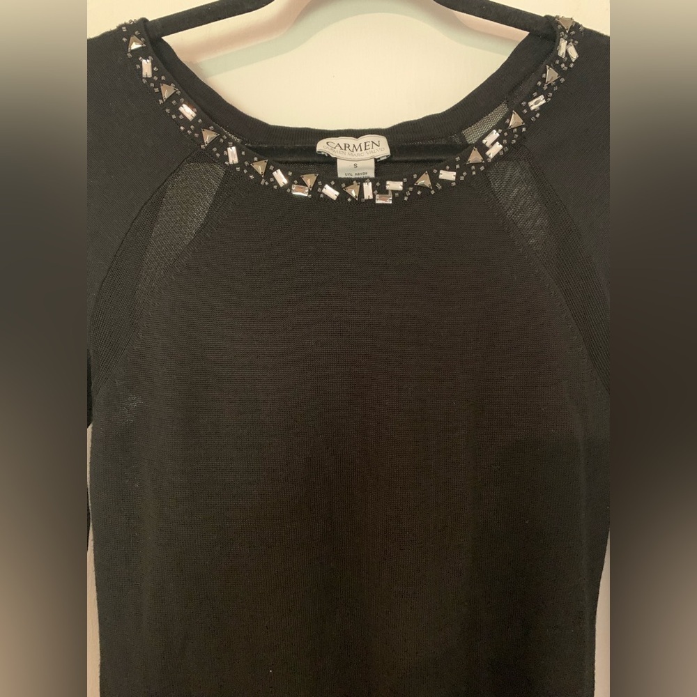 Carmen Marc Valvo Beaded Neckline Top Black S Sweater New Years Old Money Glam - Picture 5 of 12